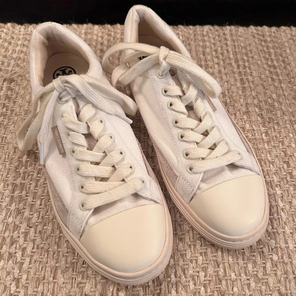 Tory Burch Classic Court Canvas Sneaker Natural Suede Size 7 Quiet Luxury Casual